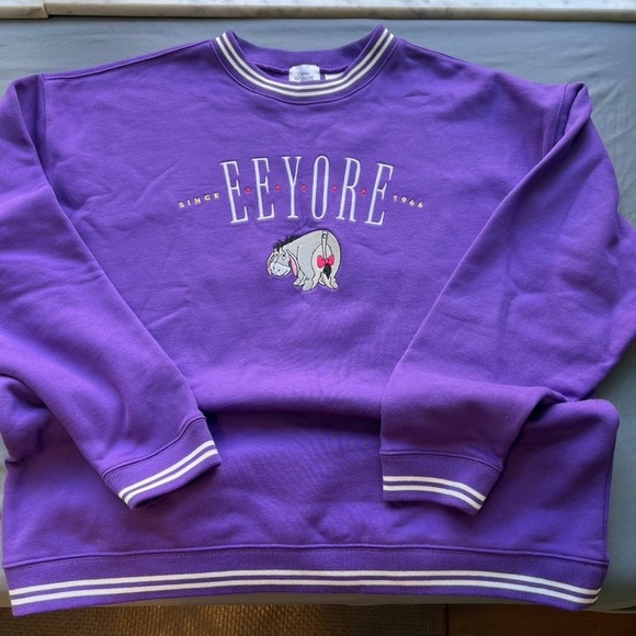 Disney Parks Winnie the Pooh Eeyore Purple Sweatshirt XL Striped Trim Women - Picture 1 of 5